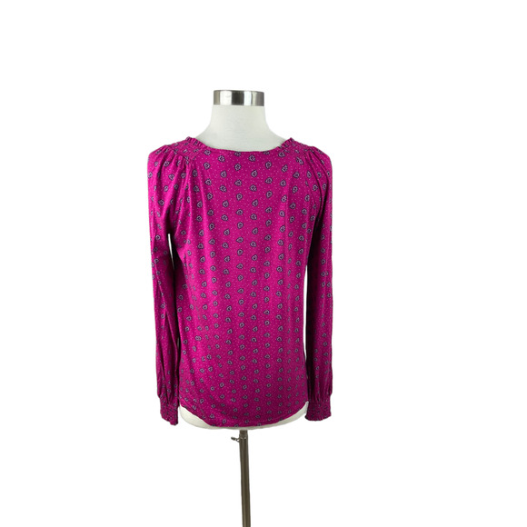Boden US 4 Raspberry Pink Print Keyhole Neckline Viscose Knit Smocked Shirt - Picture 3 of 4